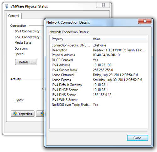 Two open dialog boxes. One is the VMWare Physical status, the other is Network Connection Details